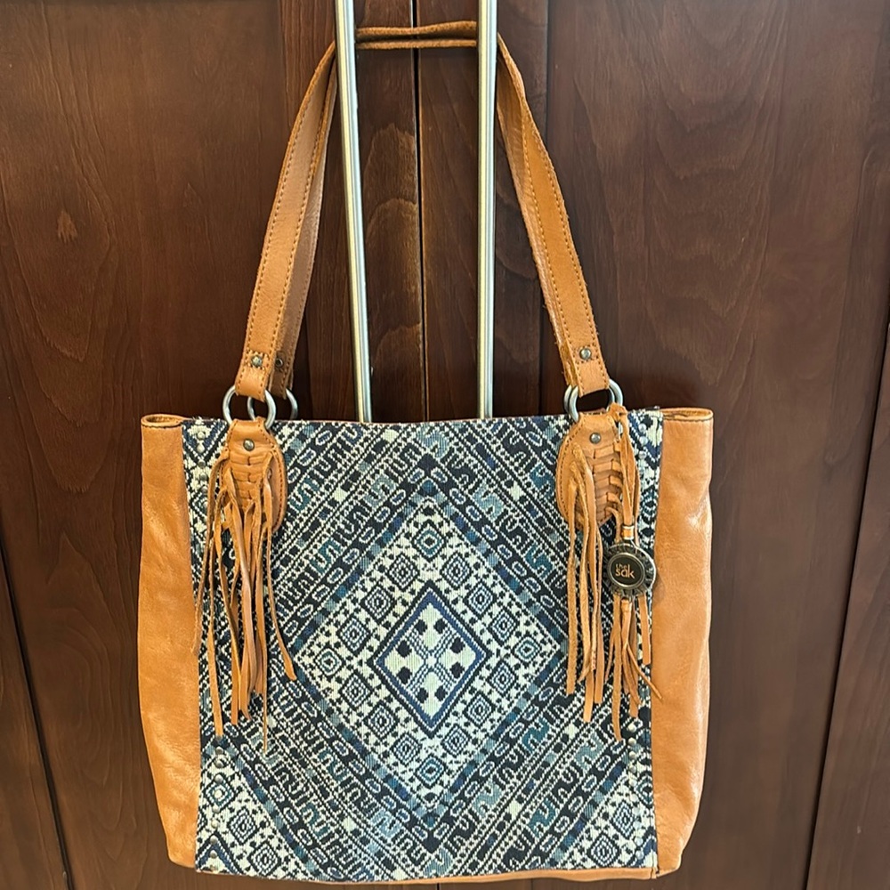 The Sak Montana Blue Diamond Tapestry Fringe Tote Shoulder Bag